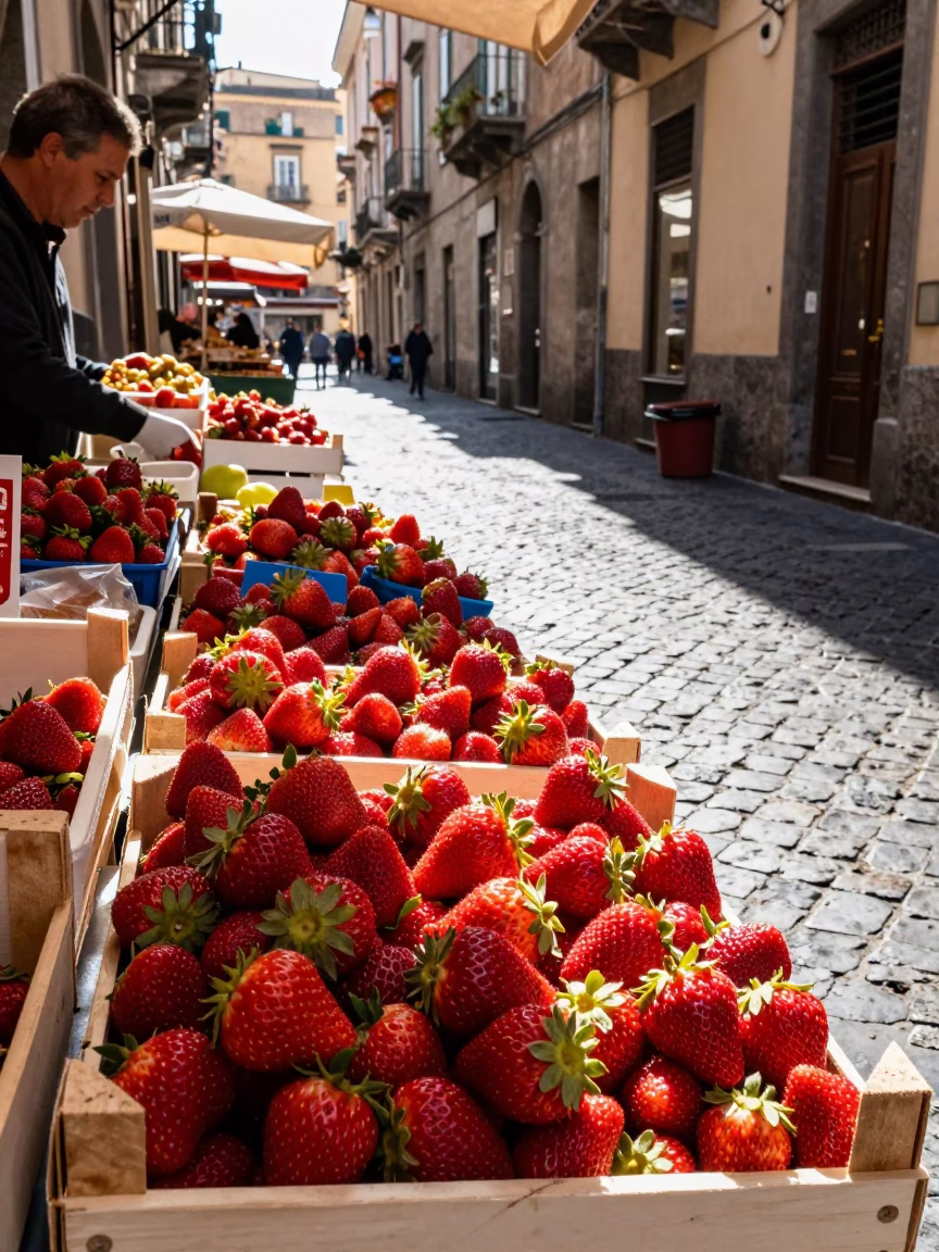 Naples Italy Street Scene Midmorning Light Strawberries and Local Market Life in in Naples, Italy