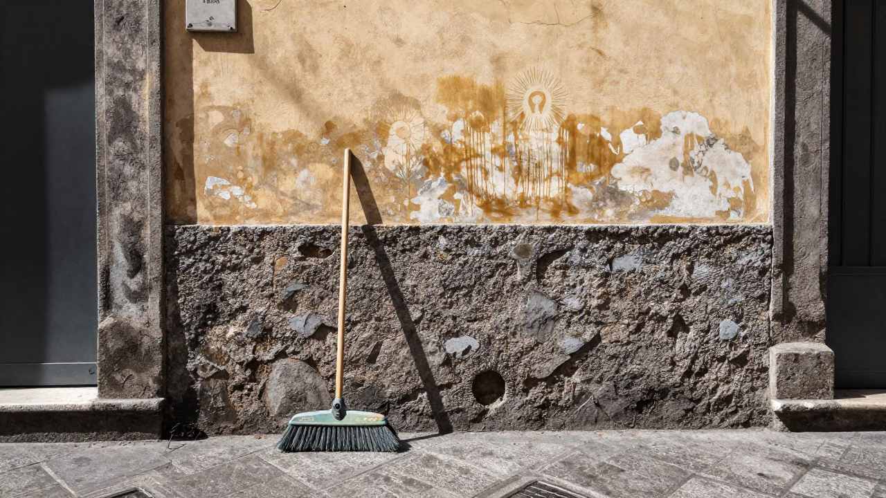 Naples Italy Street Scene Noon Light Grease Sheen Wall and Broom in in Naples, Italy