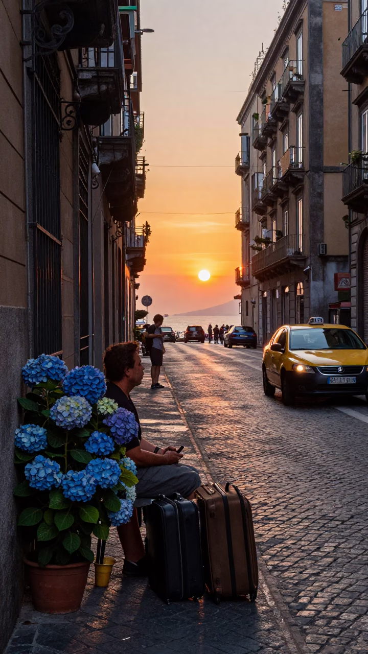Naples Italy Street Scene Sunset with Suitcases and Hydrangeas in in Naples, Italy