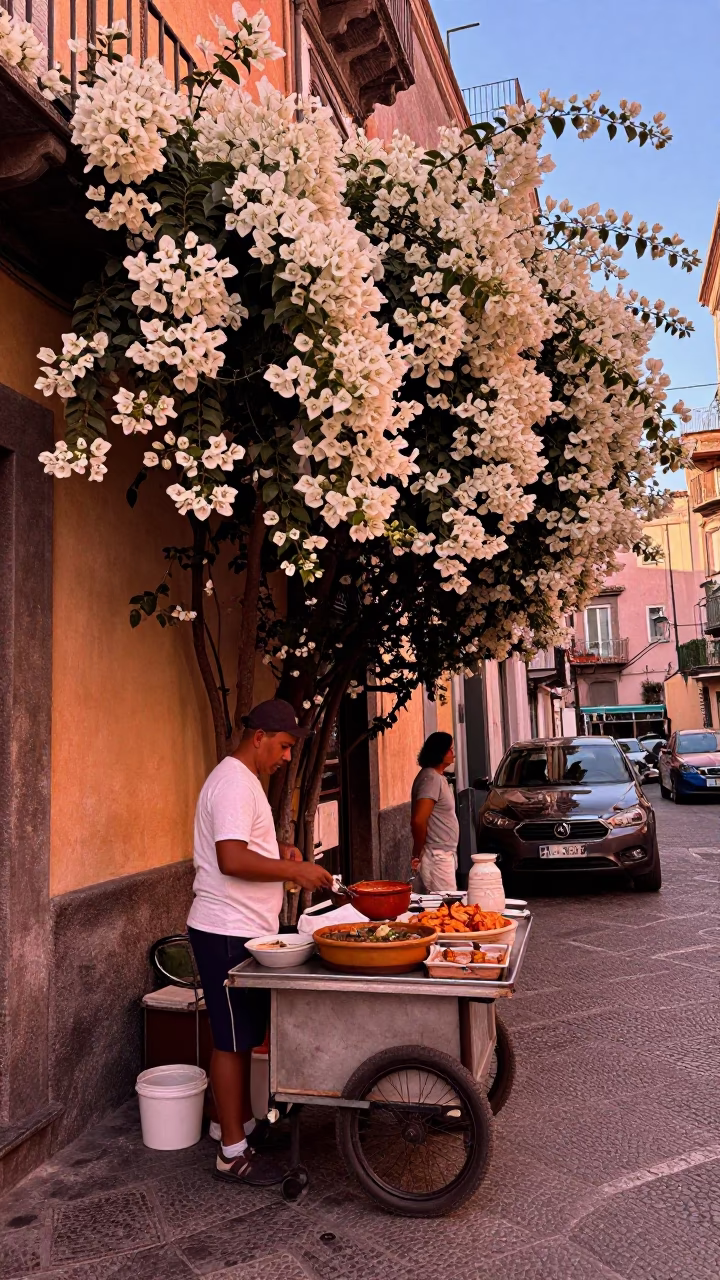 Naples Italy Street Scene with Bougainvillea and Lomo Saltado in Copper Dusk Light in in Naples, Italy