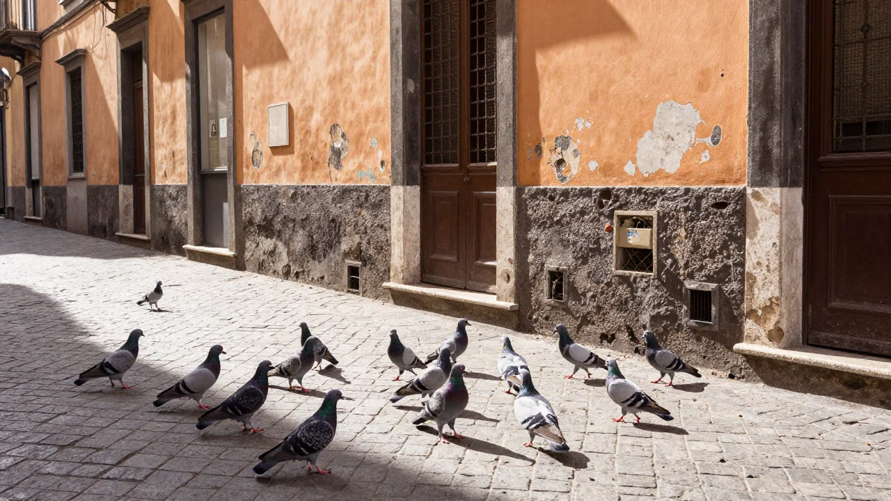 Naples Italy street scene with pigeons near historic architecture in bright midmorning light in in Naples, Italy