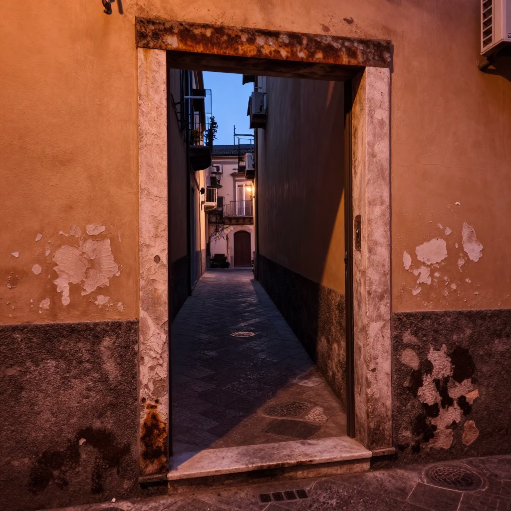 Naples Italy street scene with rusted doorframe and warm dusk light in in Naples, Italy