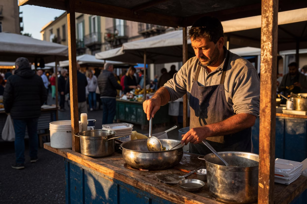 Naples Italy street vendor golden hour mixing spoon busy market scene in in Naples, Italy