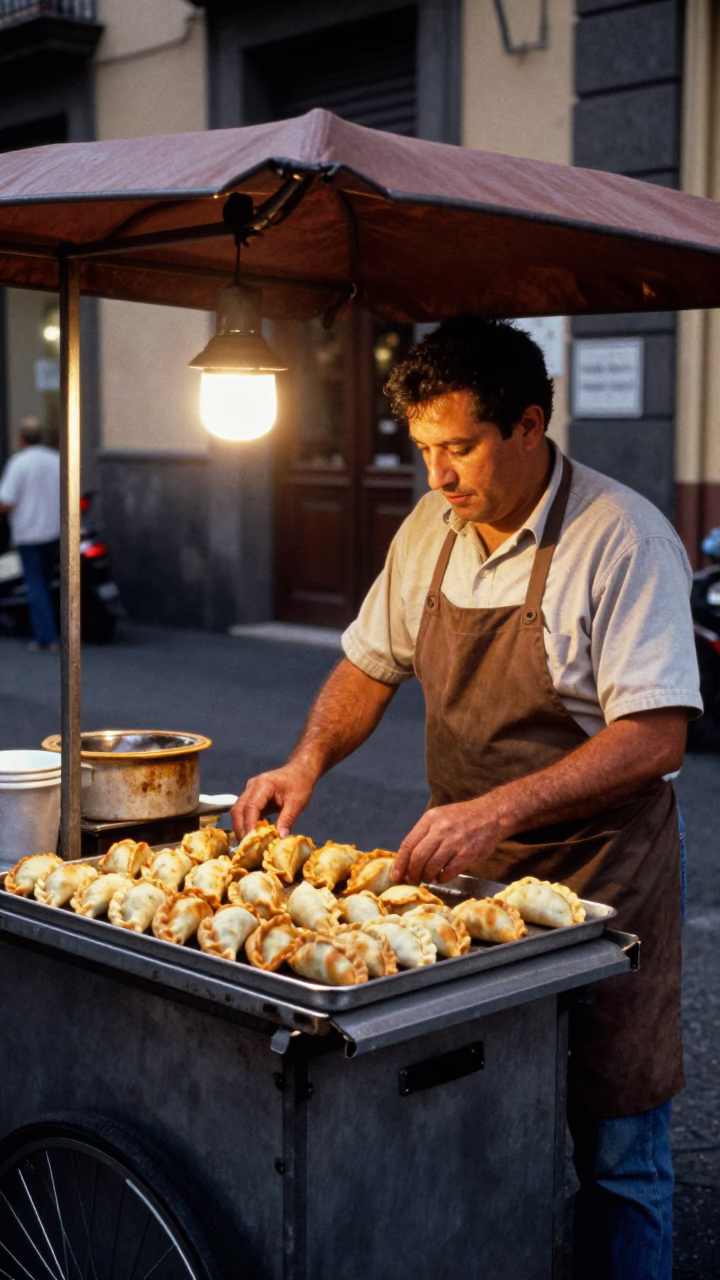 Naples Italy street vendor selling empanadas in copper-toned evening light in in Naples, Italy
