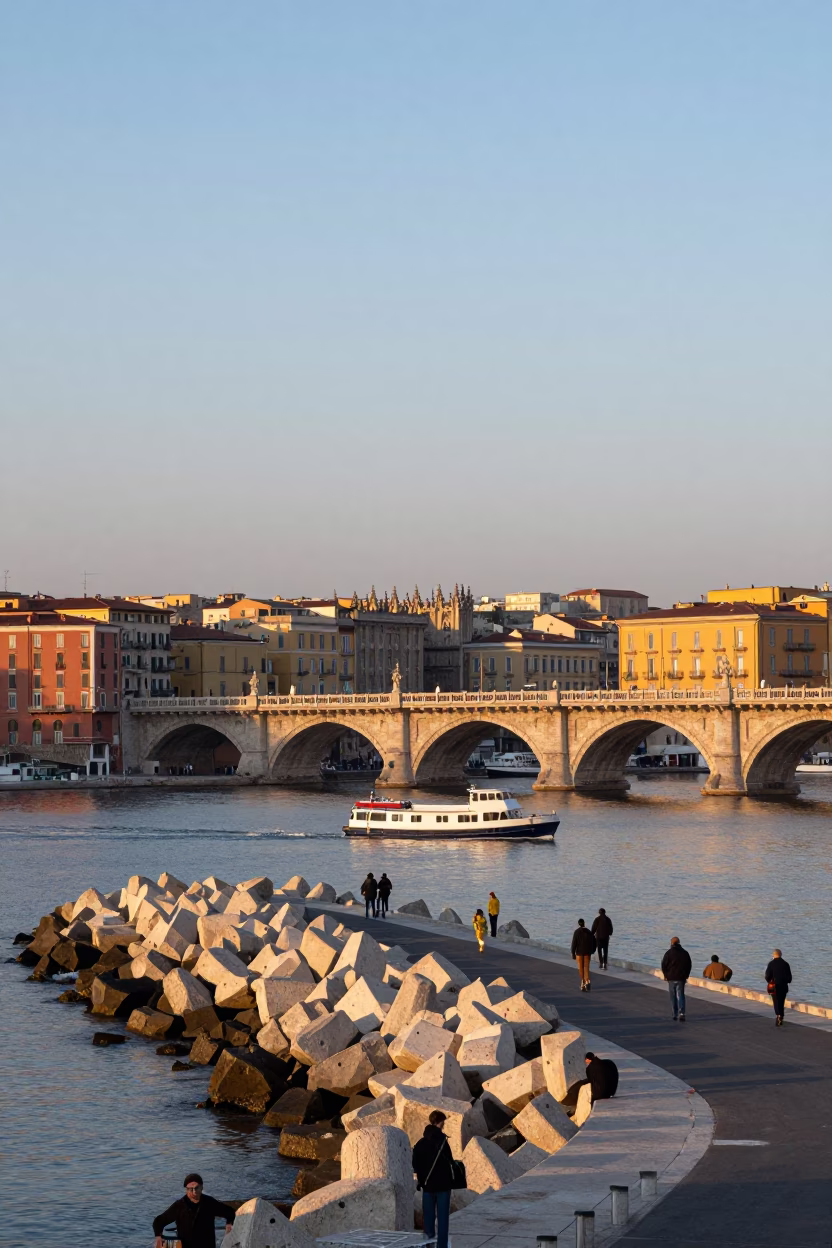 Naples Italy Sunrise Street Scene with Gothic Bridge and Local Life in in Naples, Italy