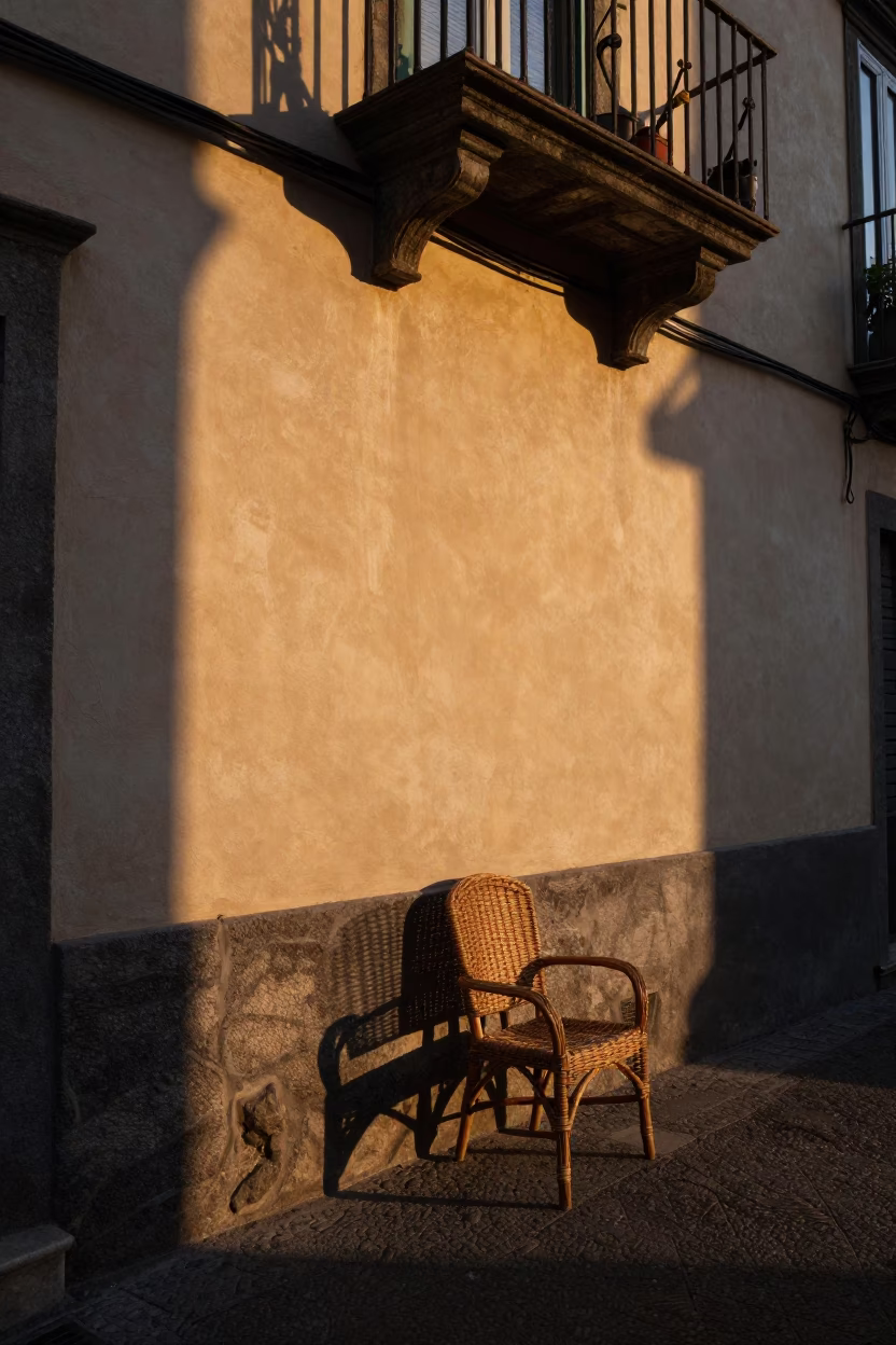 Naples Italy Sunrise Street Scene with Wicker Shadow on Plaster Wall in in Naples, Italy