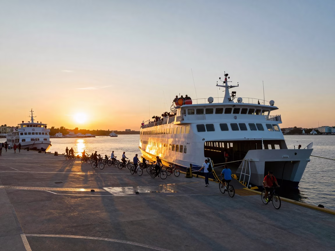 Naples Italy Sunset Ferry Dock Loading Passengers Bicycles Coastal Harbor in in Naples, Italy