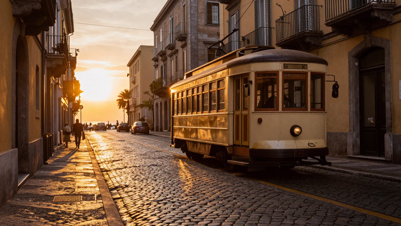 Naples Italy Sunset Heritage Tram Cobblestone Avenue Street Photography in in Naples, Italy