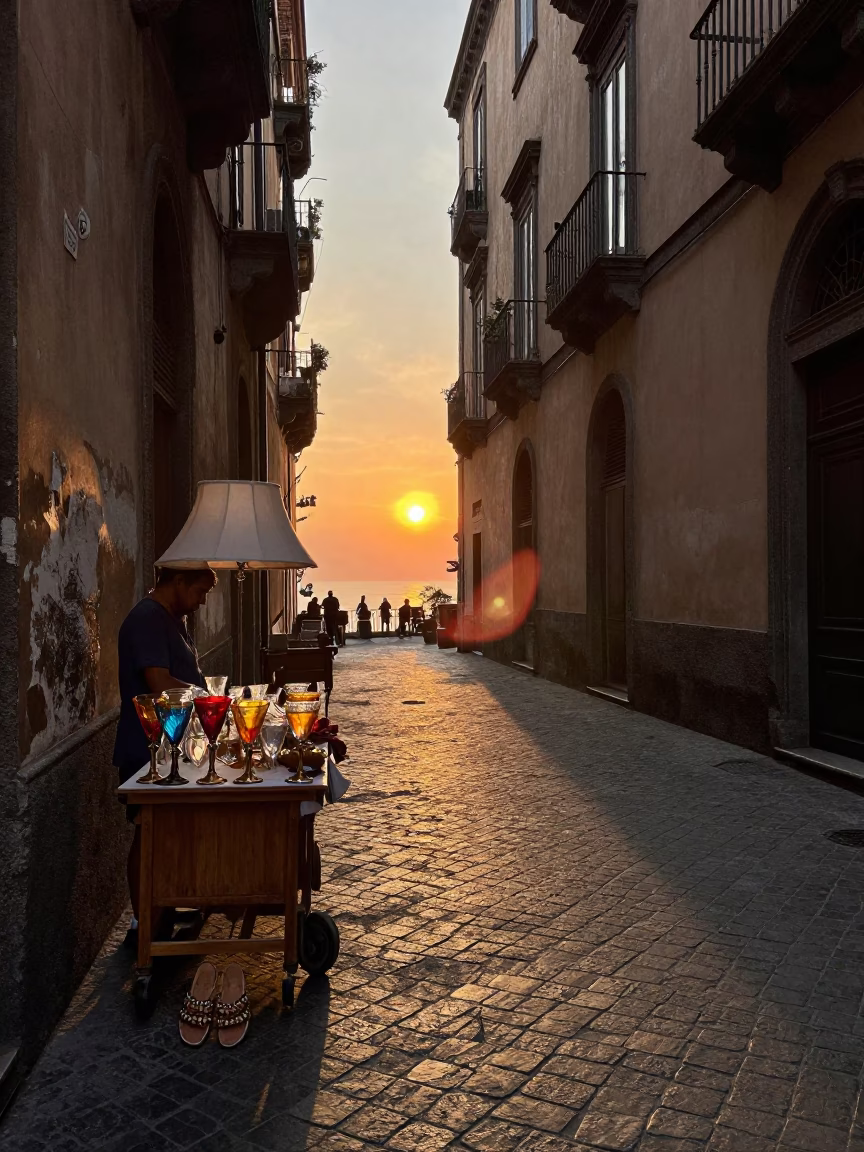 Naples Italy Sunset Street Scene with Beaded Sandals and Lampshade in in Naples, Italy