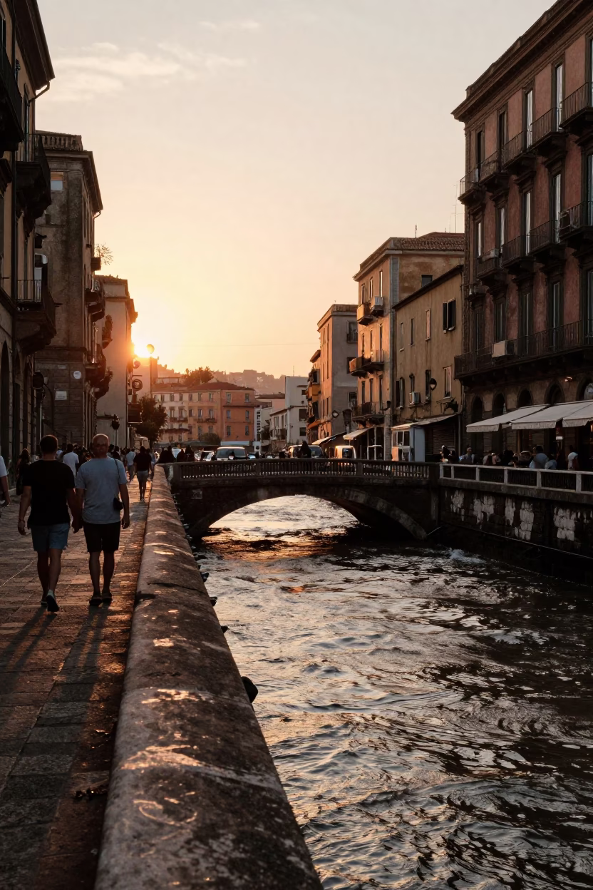 Naples Italy Sunset Street Scene with Bridge Pier Cutwater and Local Interaction in in Naples, Italy