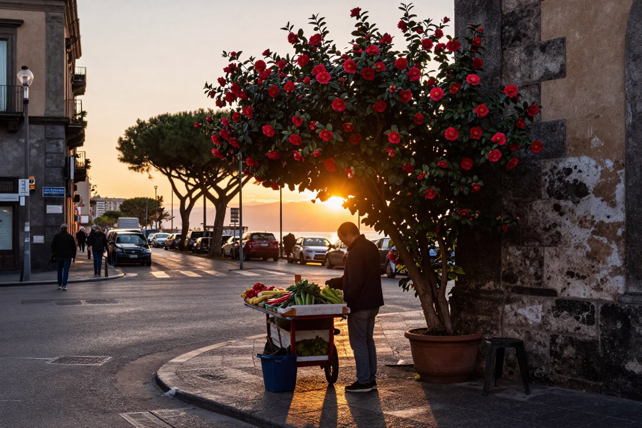 Naples Italy Sunset Street Scene with Camellia Flowers and Local Market Activity in in Naples, Italy
