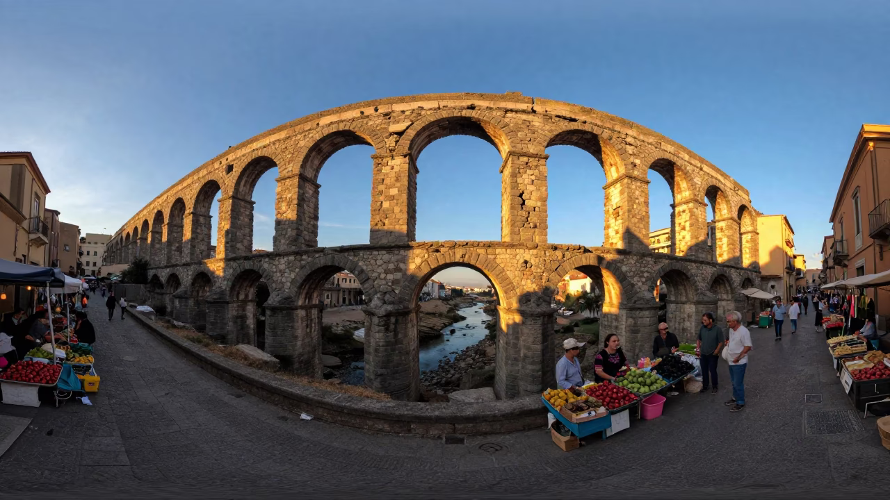 Naples Italy Sunset Street Scene with Crumbling Stone Aqueduct and Dry River Valley in in Naples, Italy