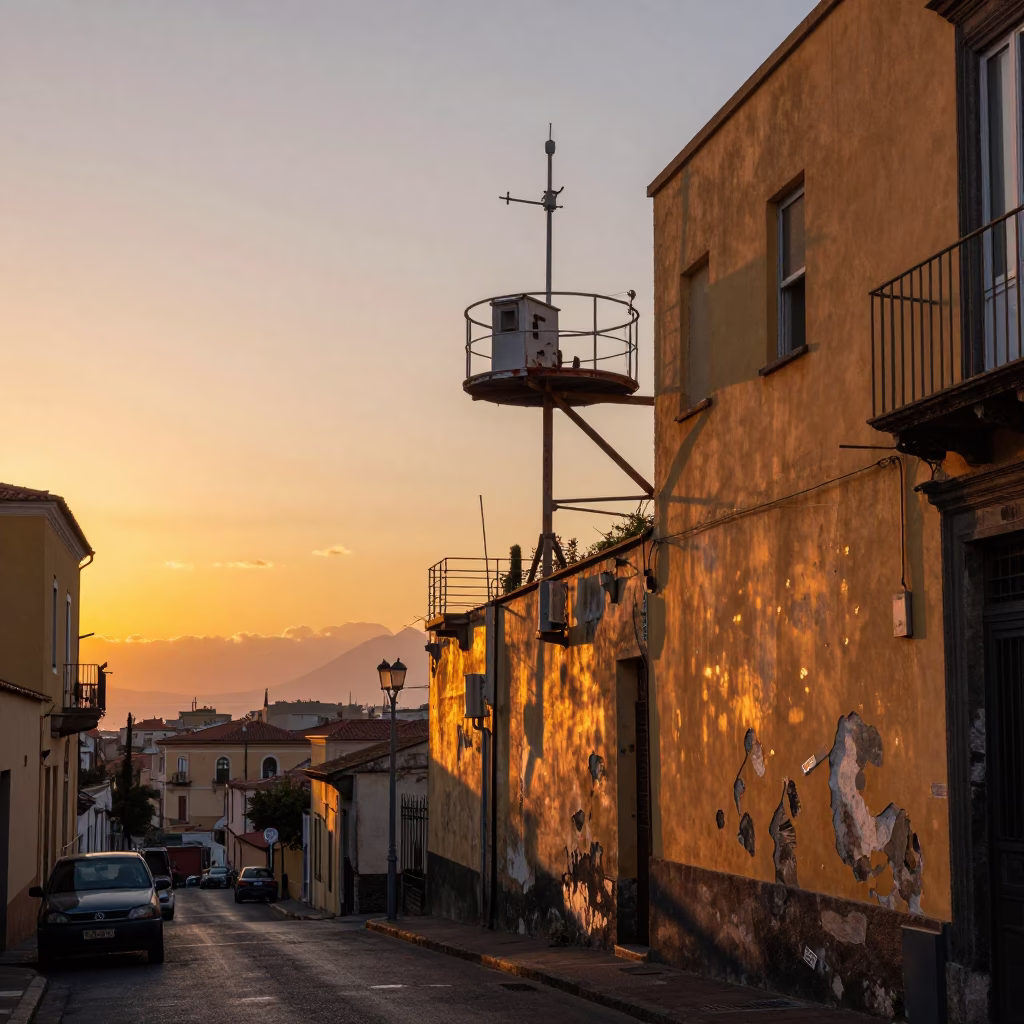 Naples Italy Sunset Street Scene with Crumbling Weather Station and Local Life in in Naples, Italy