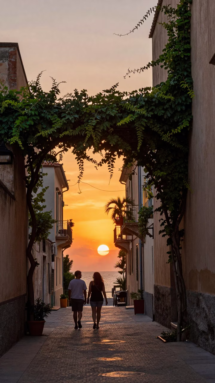 Naples Italy Sunset Street Scene with Ivy Vines and Local Interaction in in Naples, Italy