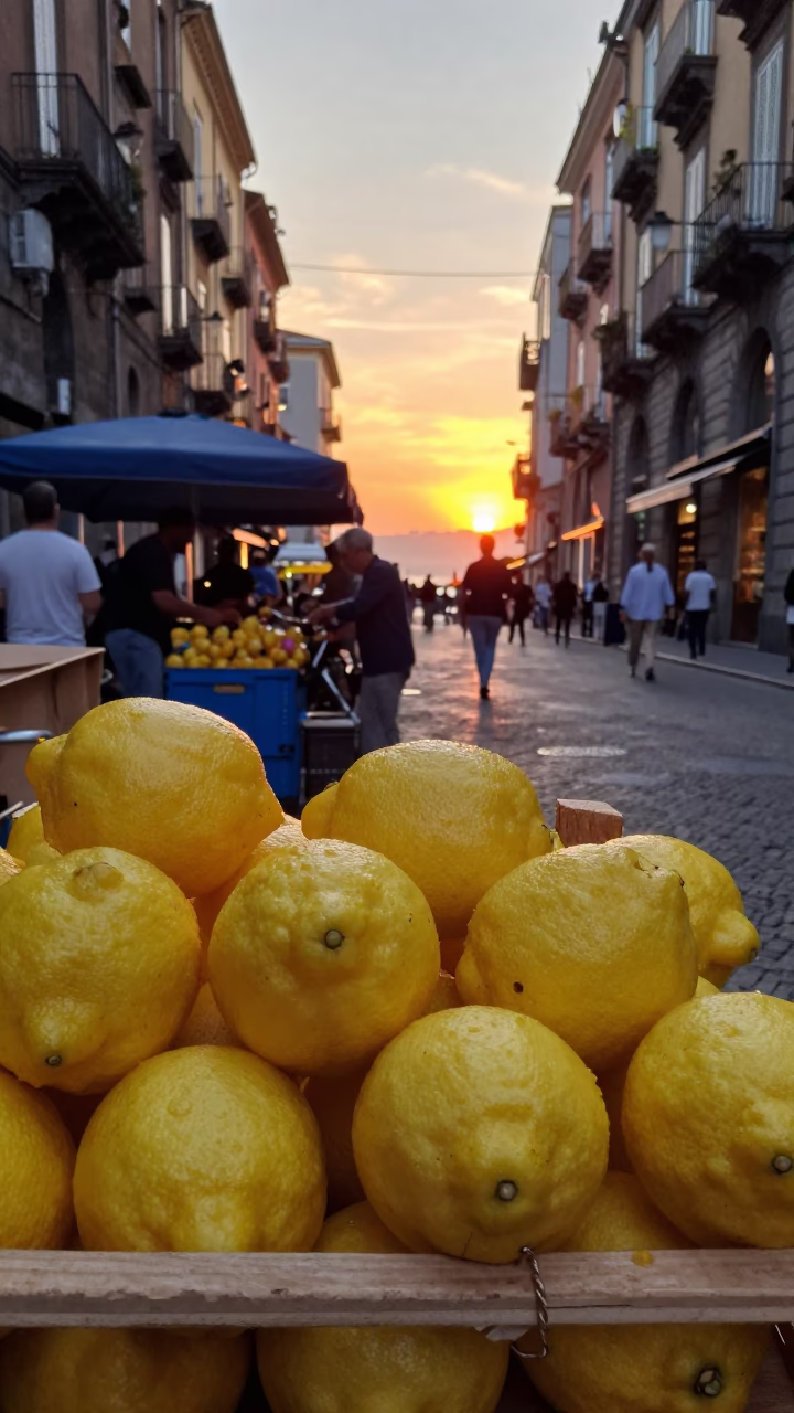 Naples Italy Sunset Street Scene with Lemons and Local Activity in in Naples, Italy