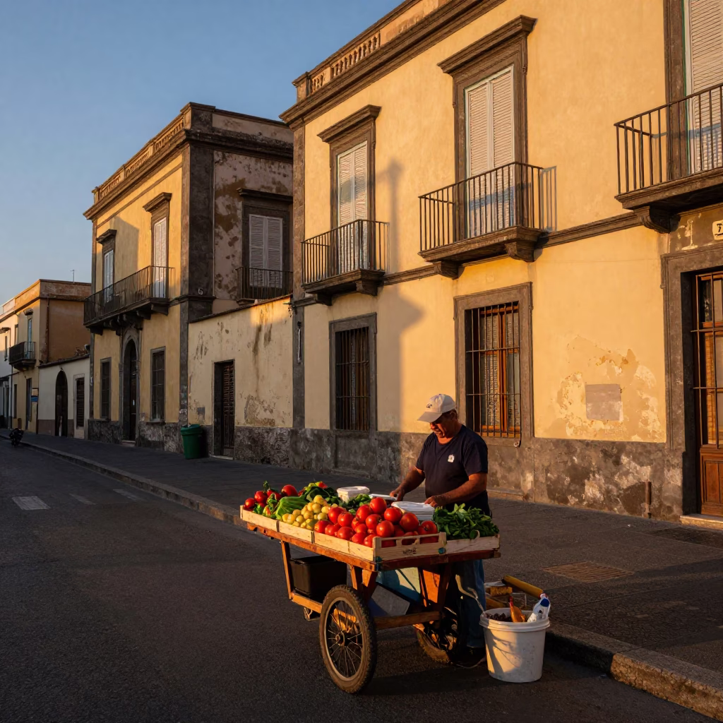 Naples Italy Sunset Street Scene with Local Market Vendor and Traditional Architecture in in Naples, Italy