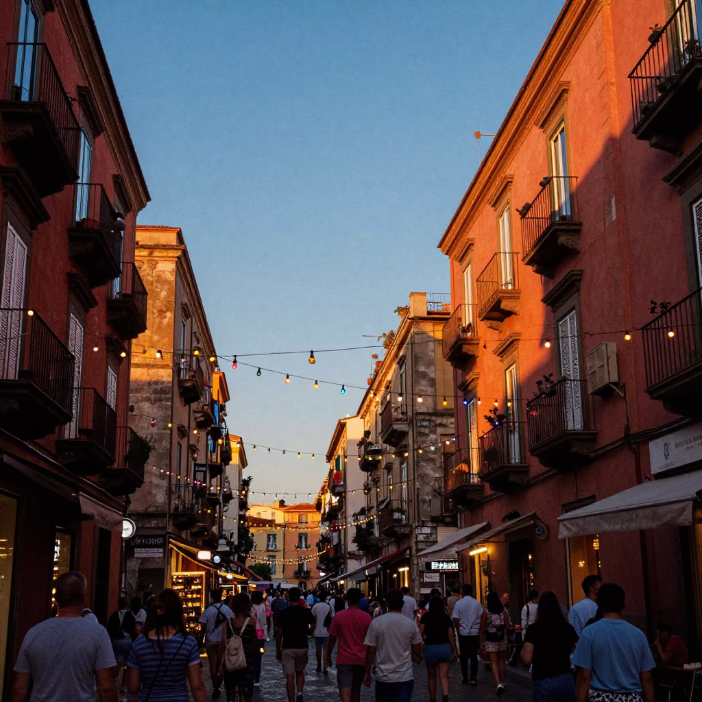 Naples Italy Sunset Street Scene with String Lights and Lively Pedestrian Activity in in Naples, Italy