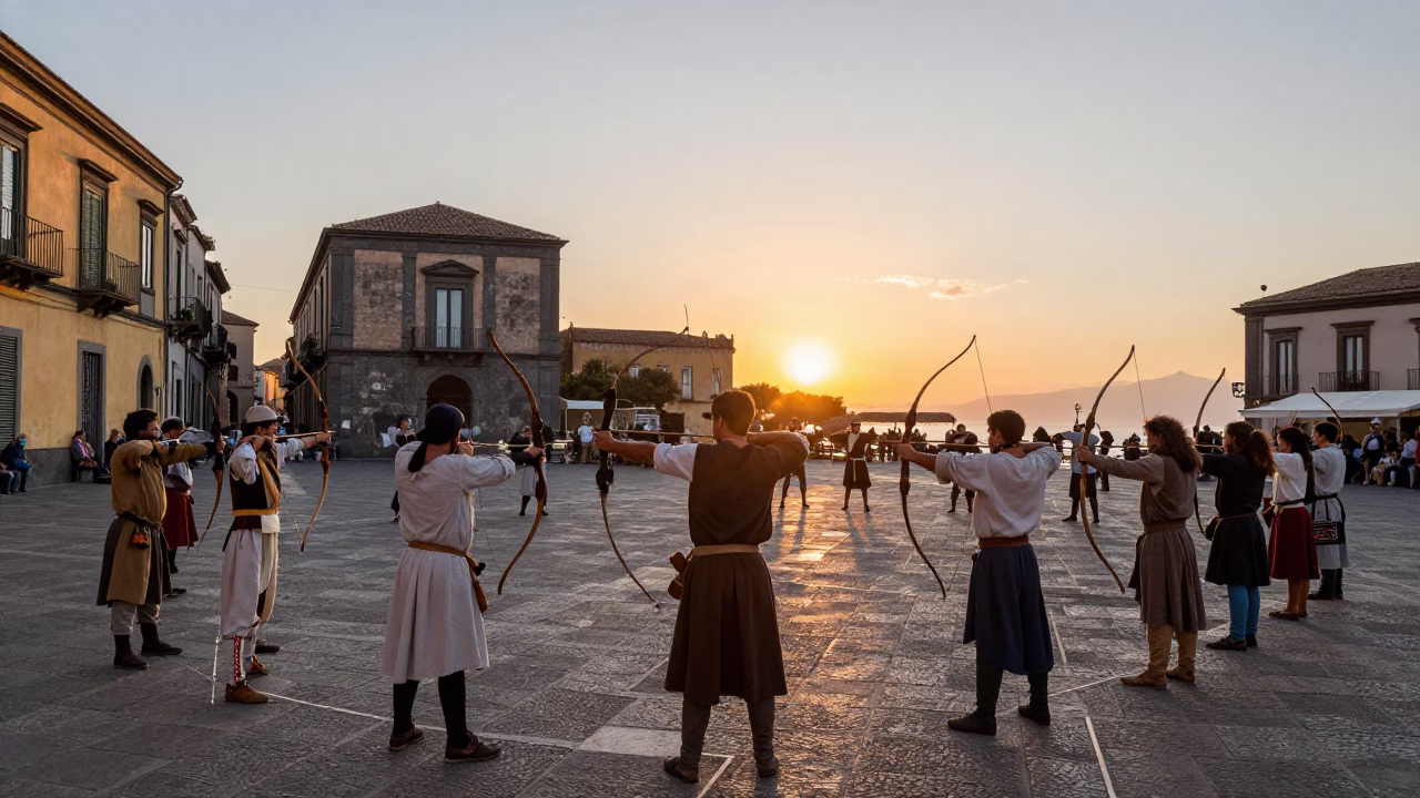 Naples Italy Sunset Street Scene with Traditional Archery Contest and Local Life in in Naples, Italy