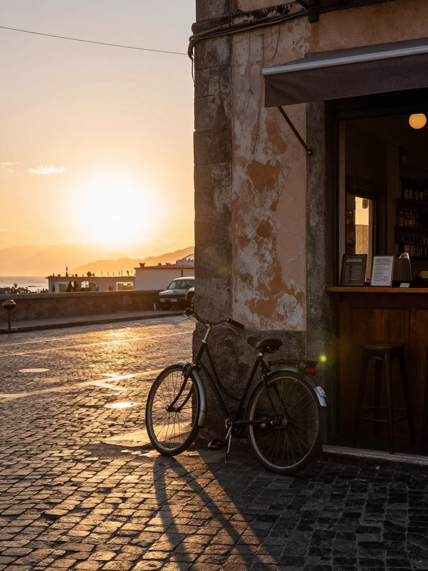 Naples Italy Sunset Street Scene with Vintage Bicycle and Bar Stools in in Naples, Italy