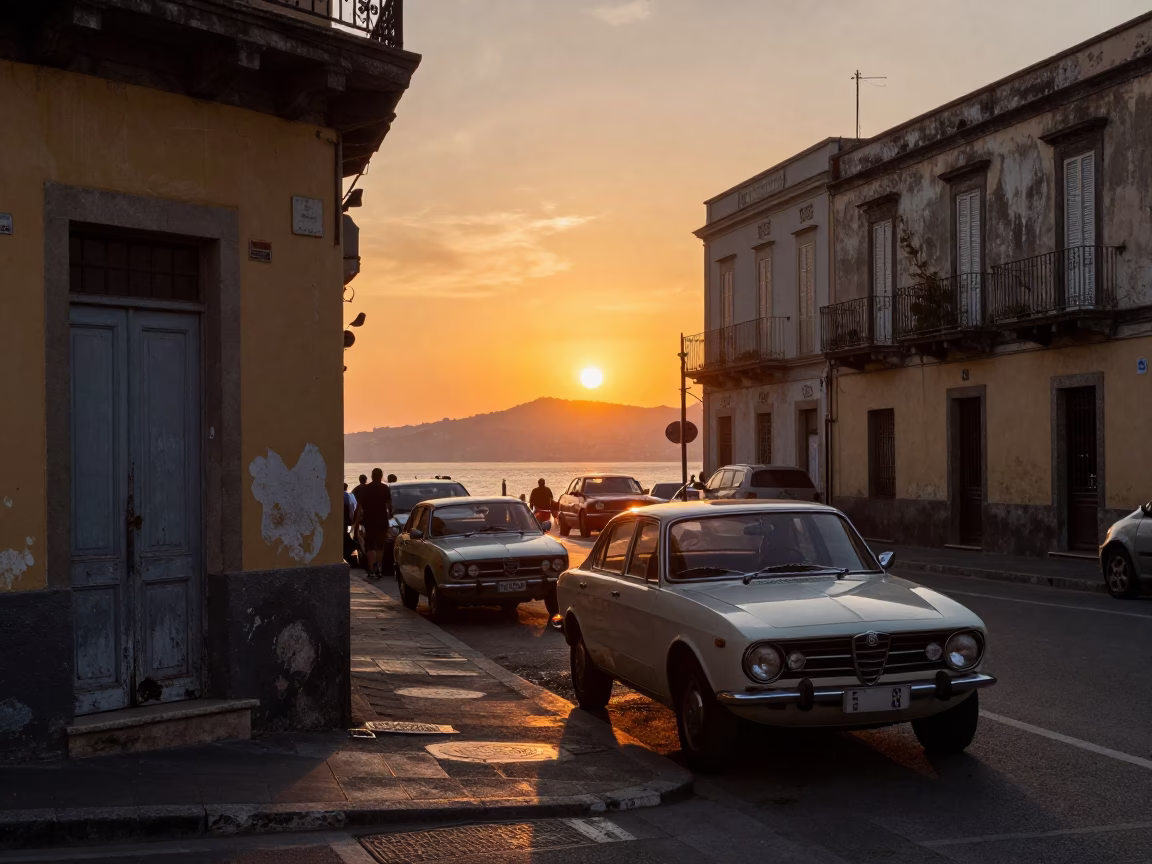 Naples Italy Sunset Street Scene with Vintage Cars and Local Life in in Naples, Italy