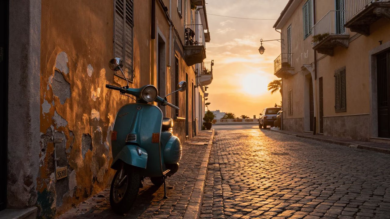Naples Italy Sunset Street Scene with Vintage Scooter and Local Architecture in in Naples, Italy