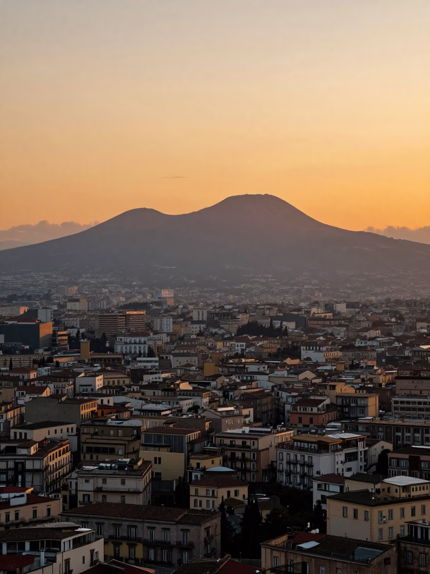 Naples Italy Sunset View of Historic Cityscape and Vesuvius Horizon in in Naples, Italy