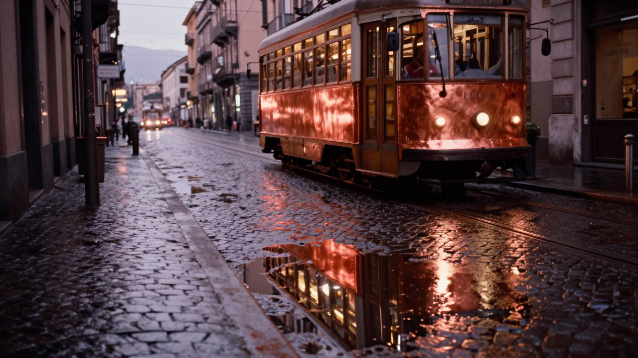 Naples Italy Tramcar Reflection in Wet Cobblestones Before Dusk in in Naples, Italy