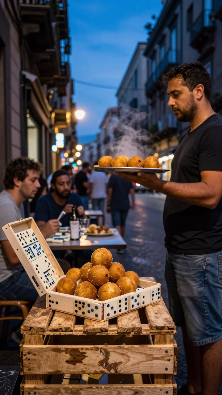 Naples Italy Twilight Street Scene with Arancini and Dominoes in in Naples, Italy
