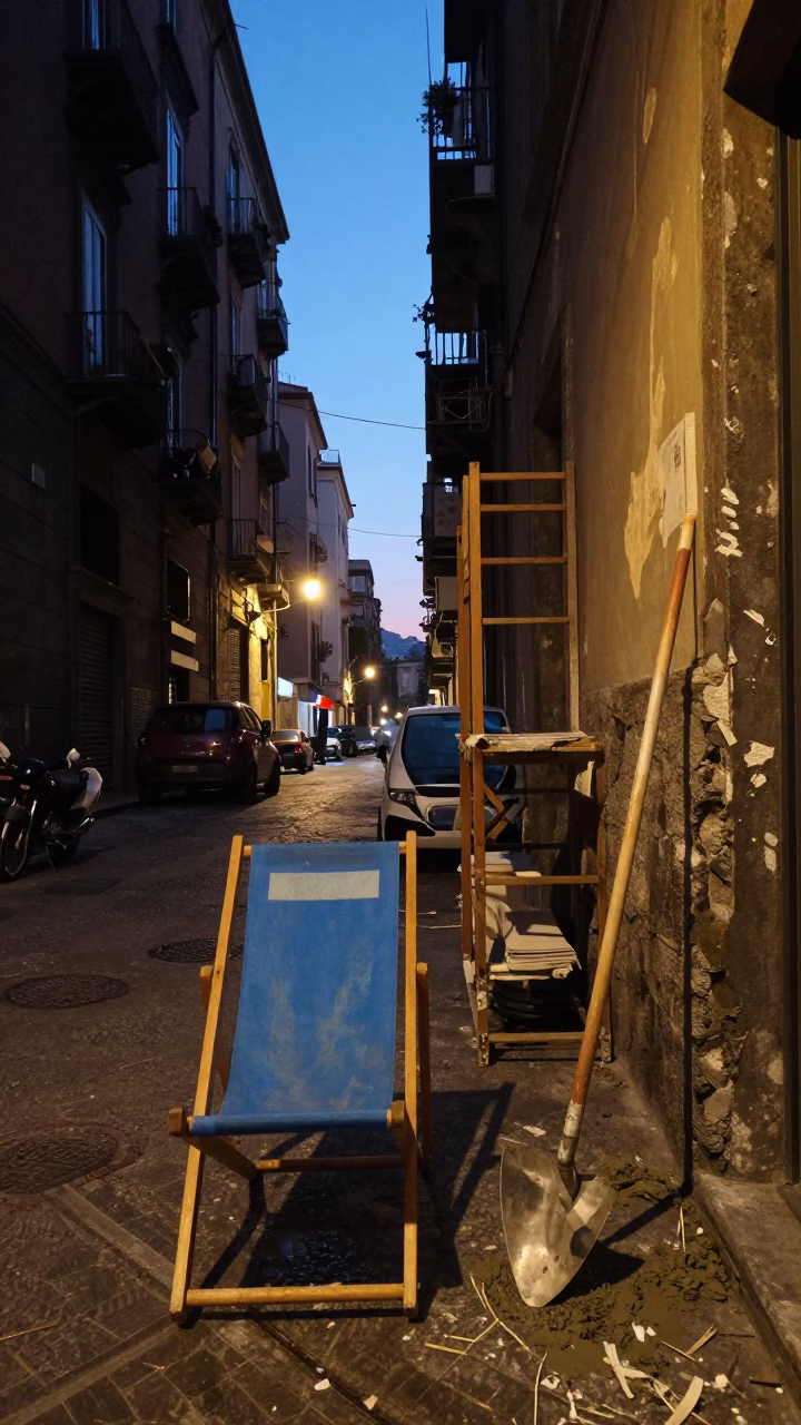 Naples Italy Twilight Street Scene with Deck Chair and Urban Details in in Naples, Italy