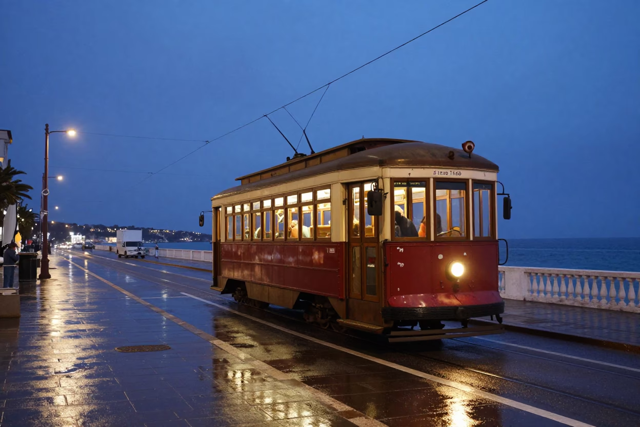 Naples Italy Twilight Street Scene with Heritage Tram on Coastal Promenade in in Naples, Italy