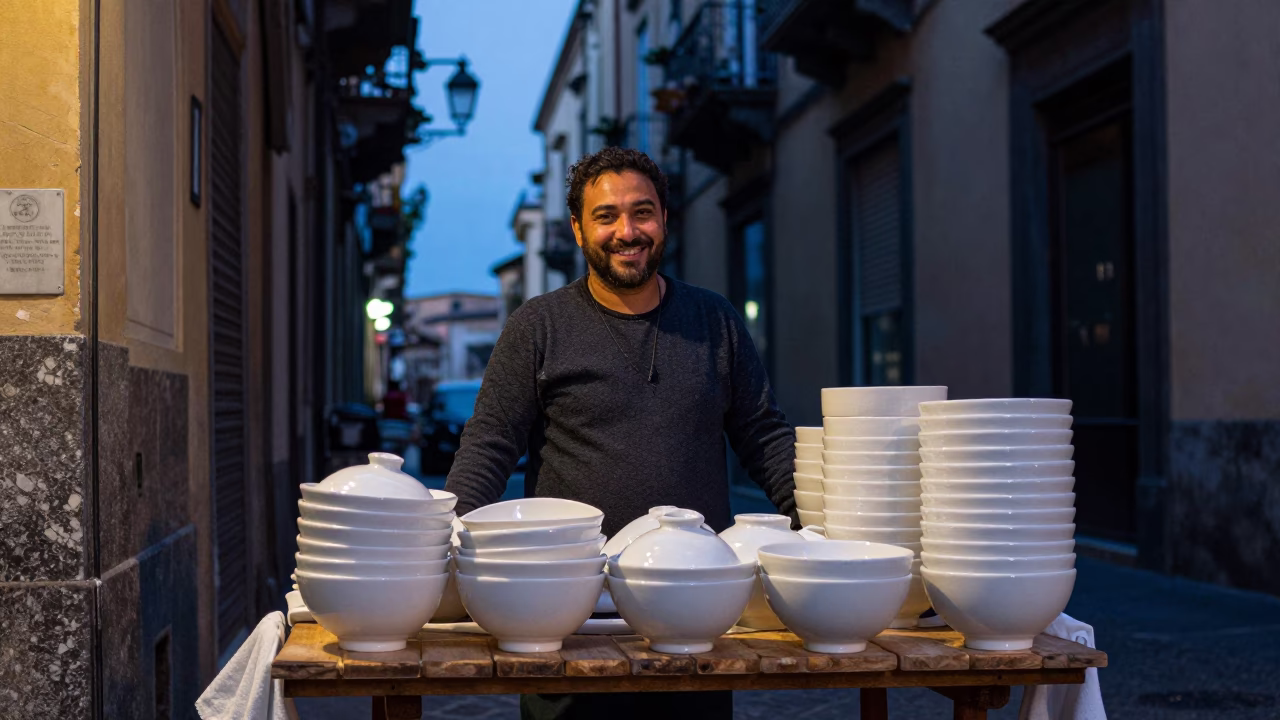 Naples Italy Twilight Street Scene with Local Vendor and Traditional Pottery in in Naples, Italy