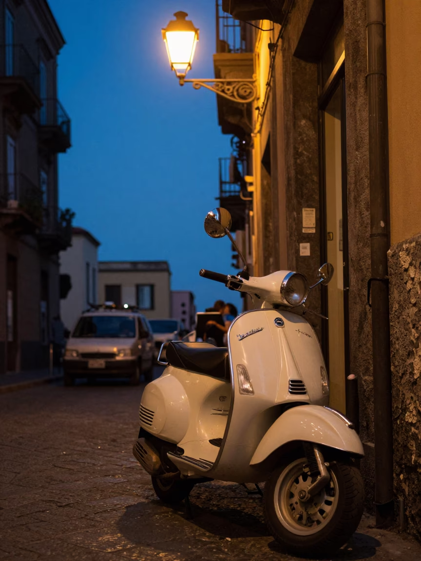 Naples Italy Twilight Street Scene with Vintage Vespa and Local Market Activity in in Naples, Italy
