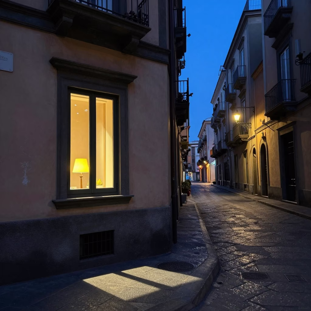 Naples Italy Twilight Street Scene with Window Light and Lampshade in in Naples, Italy
