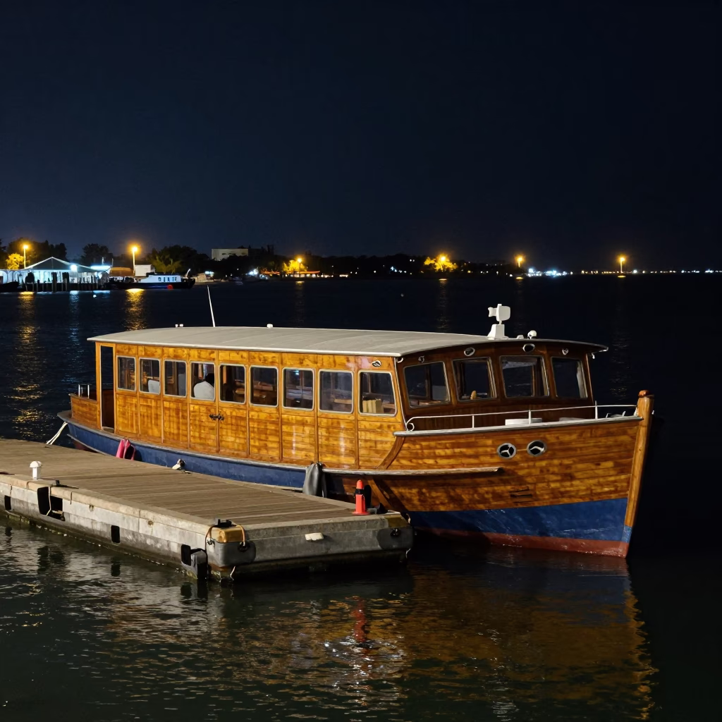 Naples Italy Water Taxi at Floating Dock Deep Night Realistic Scene in in Naples, Italy