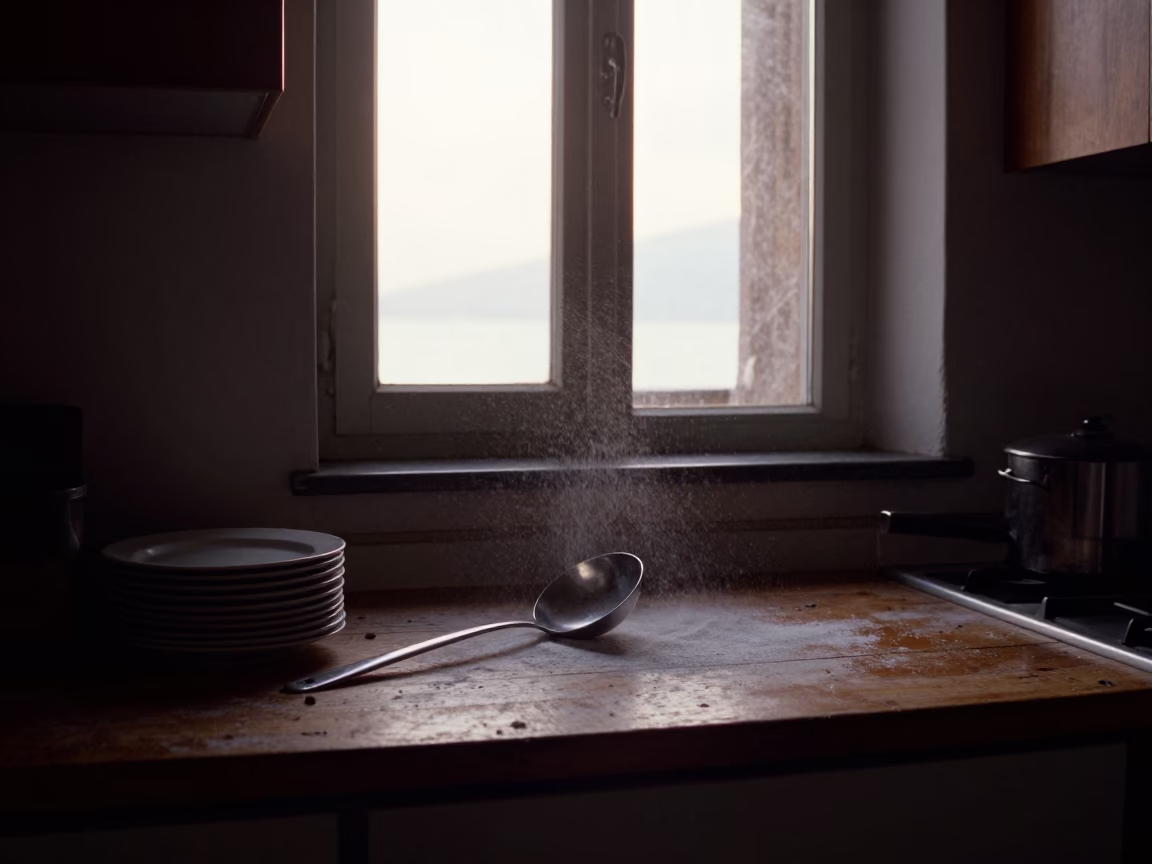 Naples Kitchen Dawn Light Reveals Ladle and Chalk Dust on Counter in in Naples, Italy