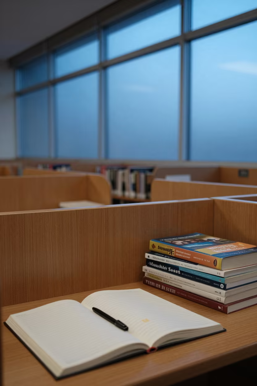 Naples Library Carrel at Twilight Study in inside a campus library reading room in Naples