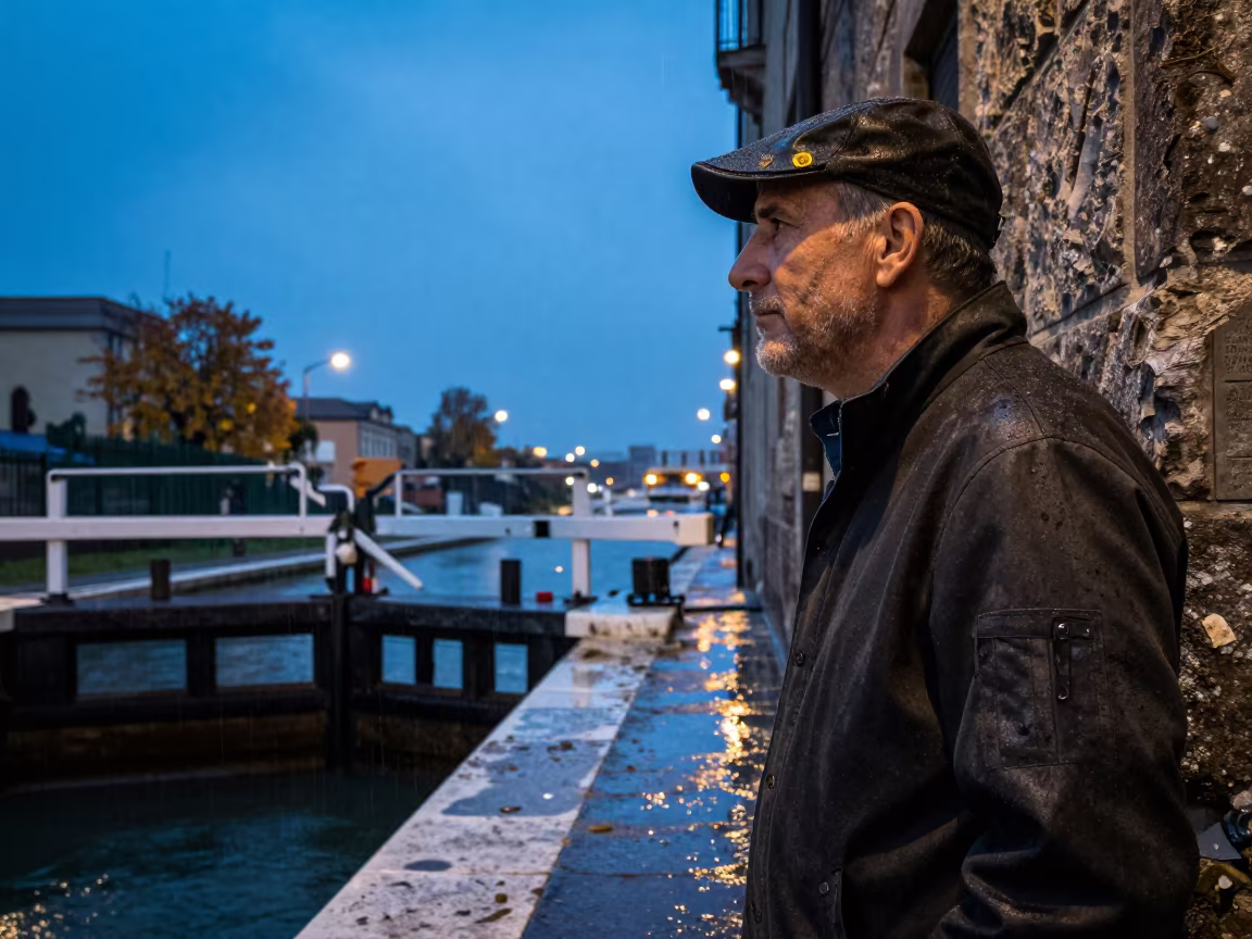 Naples Lock Keeper in Autumn Drizzle in in a narrow stone alley near Naples