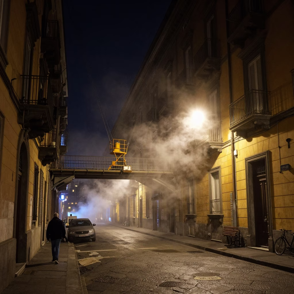 Naples Night Street Scene with Steam Haze and Bridge Maintenance Cage in in Naples, Italy
