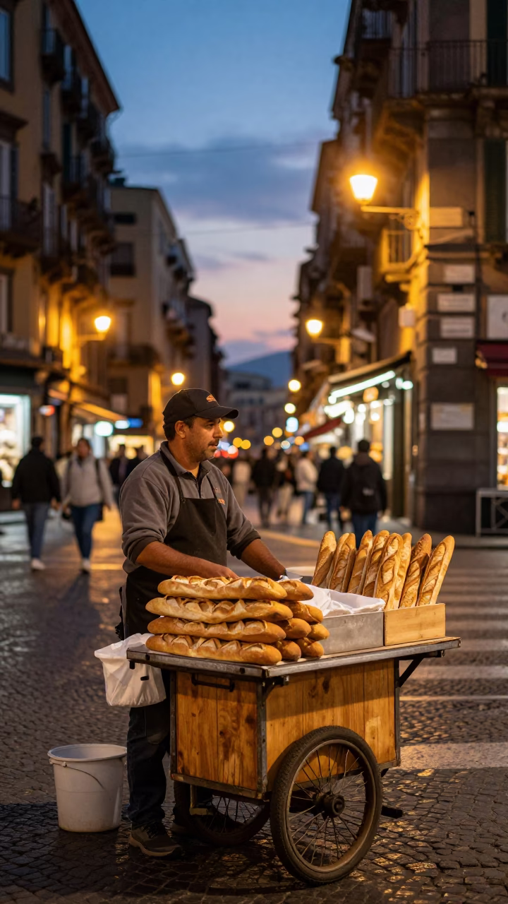 Naples Street Food Vendor Selling Fresh Baguettes at Dusk with City Lights in in Naples, Italy
