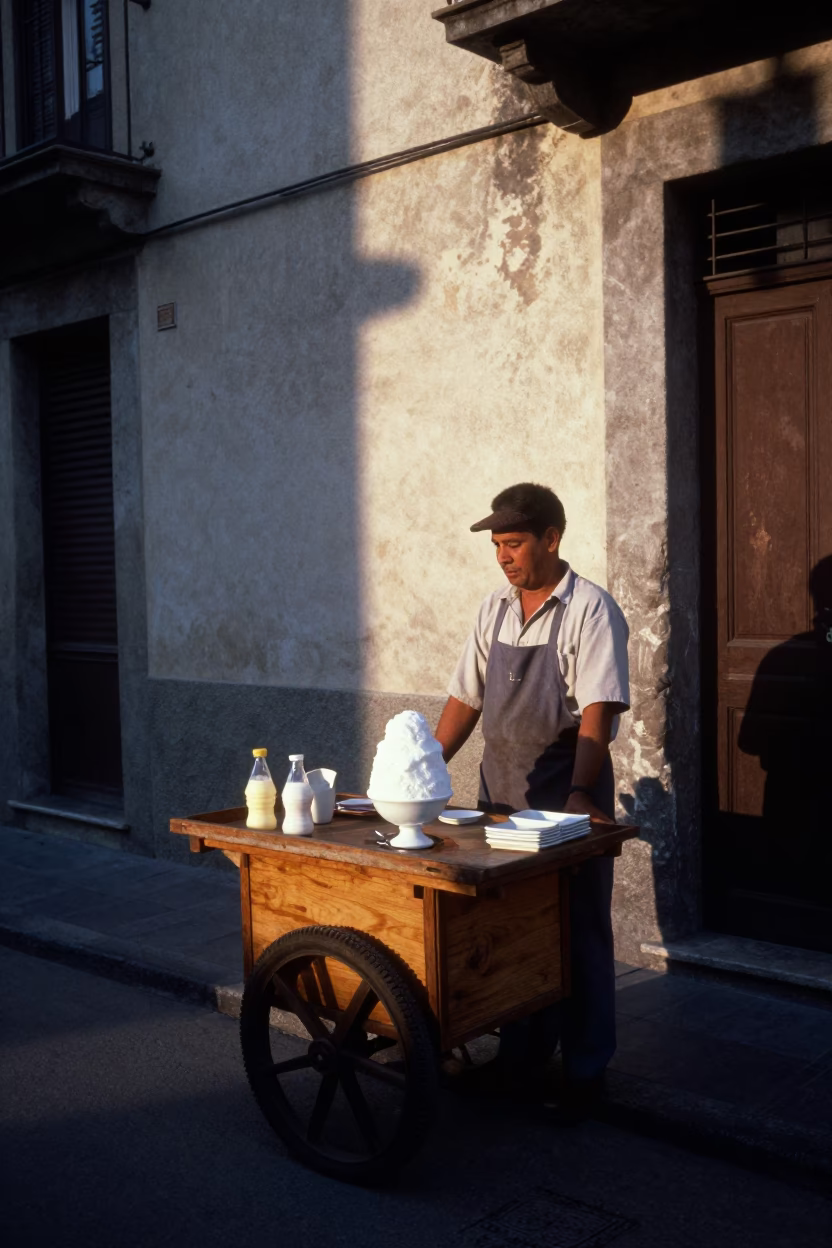 Naples Street Scene First Light Condensed Milk Shaved Ice and Local Market Activity in in Naples, Italy