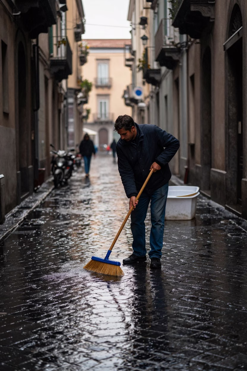 Naples street vendor sweeping wet cobblestones in morning rain light in in Naples, Italy