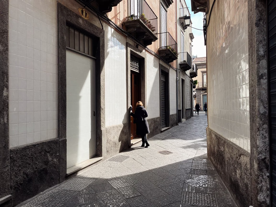 Naples Winter Noon Street Scene with Ceramic Tiles and Steam in in Naples, Italy