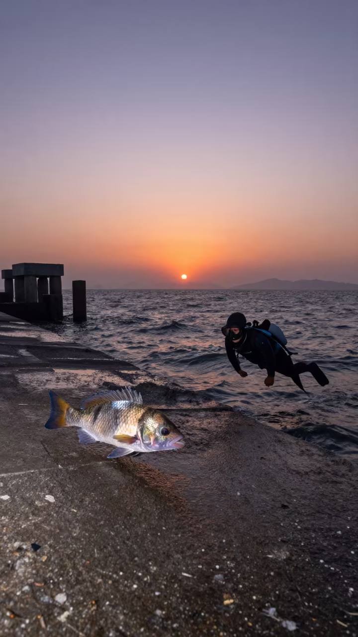 Napoleon Wrease Faces Freediver at Xiamen Harbor Sunset in at a harbor edge in Xiamen