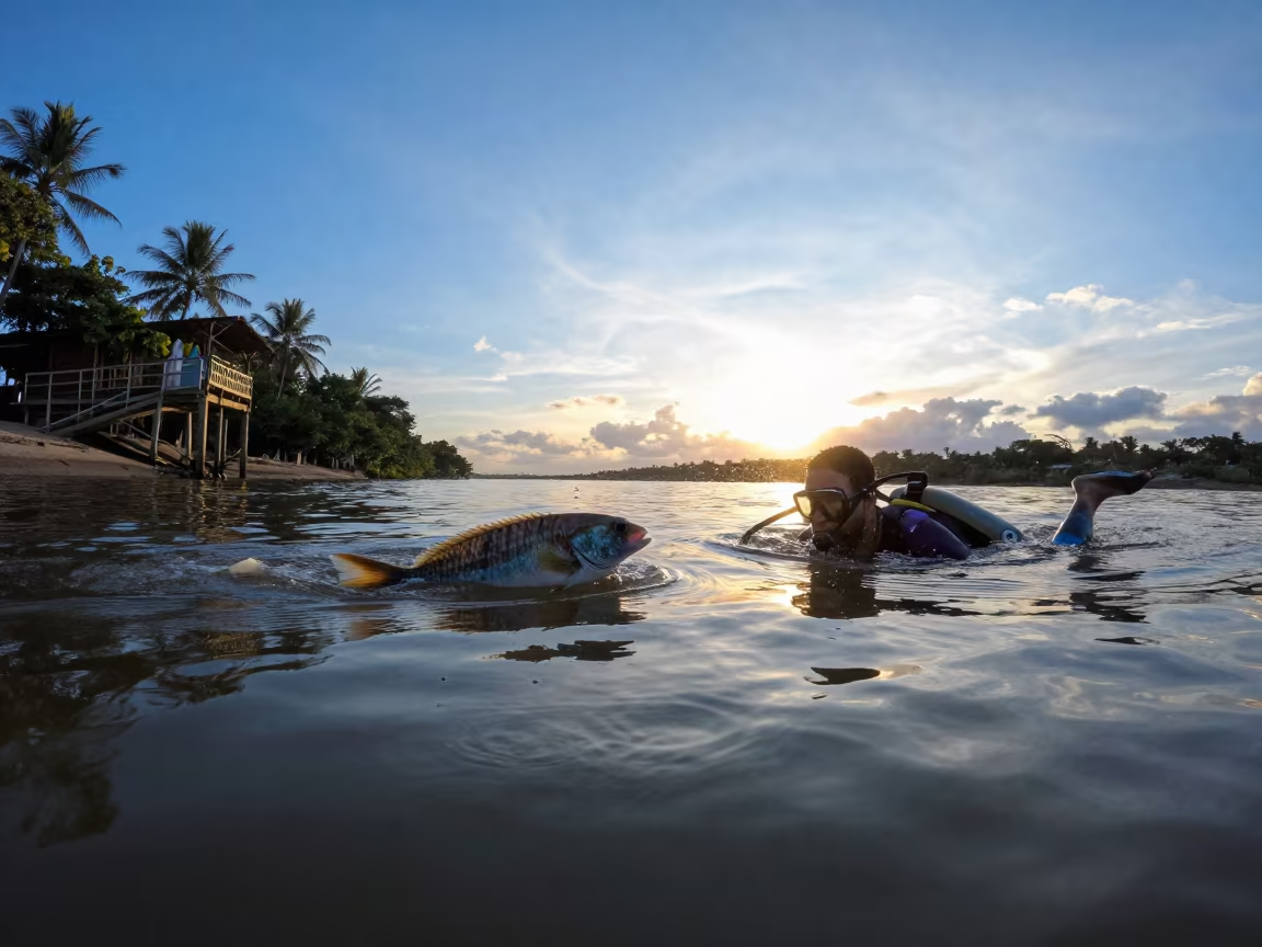 Napoleon Wrease Faces Freediver at Maceio Blue Hour in near a riverside landing in Maceio