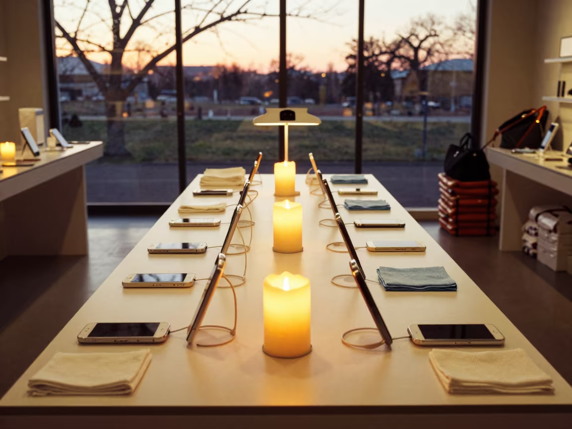 Nara Phone Store Demo Table Golden Hour in at a cash wrap counter with bags stacked nearby near Nara