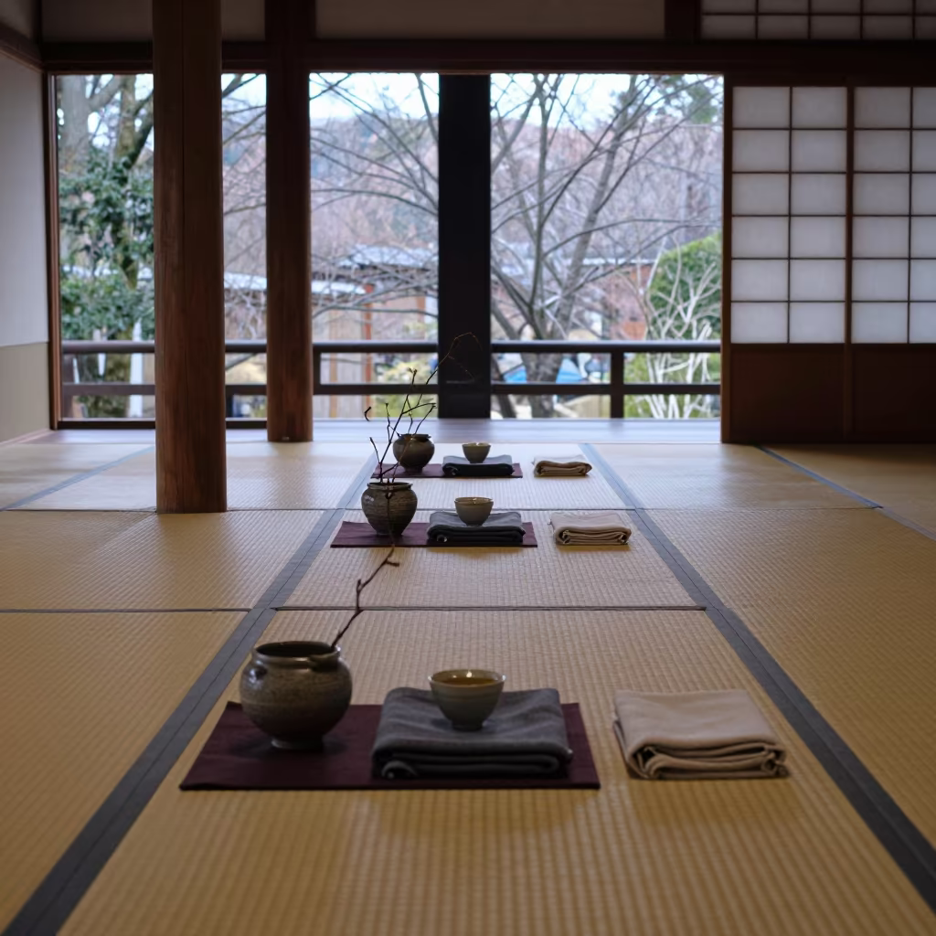 Nara Tea Ceremony Room Late Afternoon in in a tearoom prepared for guests in Nara