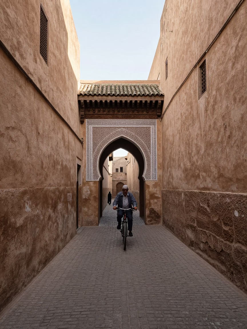 Narrow Alley at As First Light Reaches The Scene in Fez in in Fez, Morocco