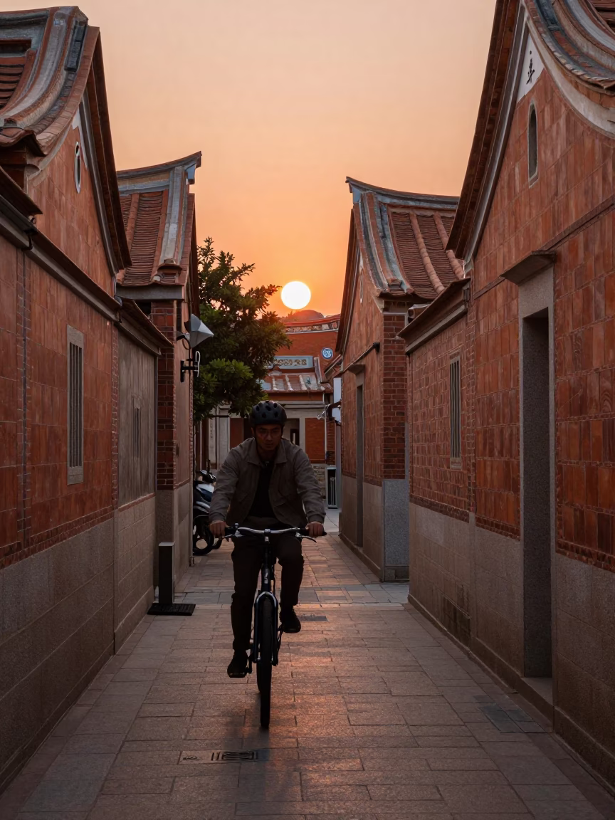 Narrow Alley in Tainan at Copper-toned Light Before Dusk in in Tainan, Taiwan