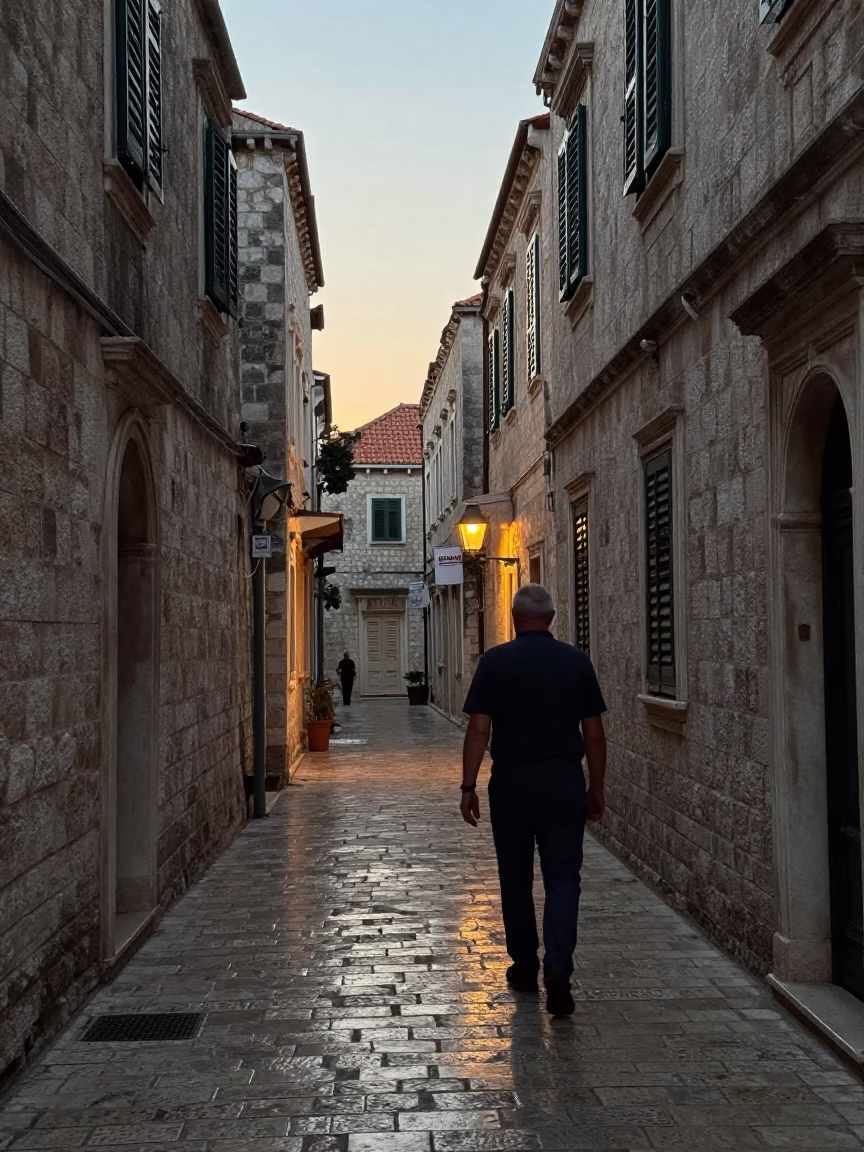 Narrow Alleyway in Dubrovnik at The Still Hours Before Dawn Light in in Dubrovnik, Croatia