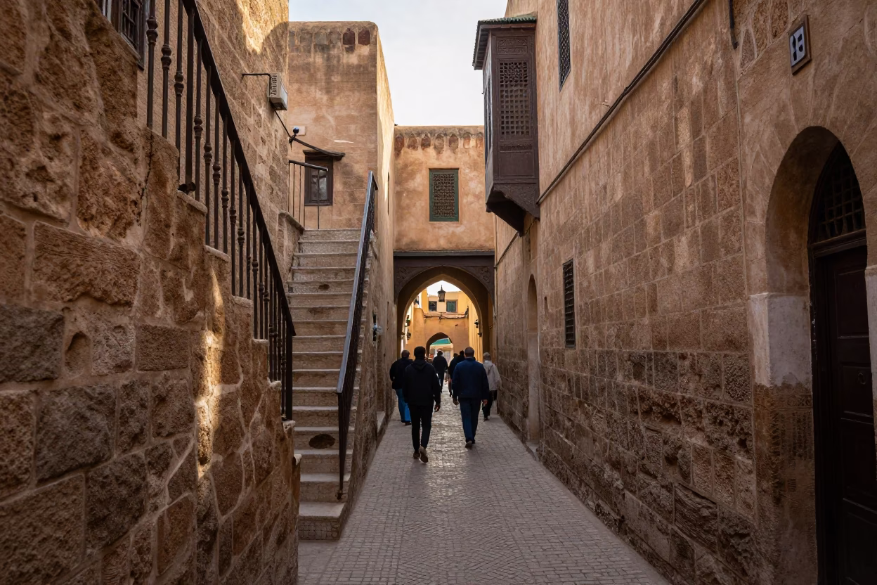 Narrow Alleyway in Fez at As First Light Reaches The Scene in in Fez, Morocco